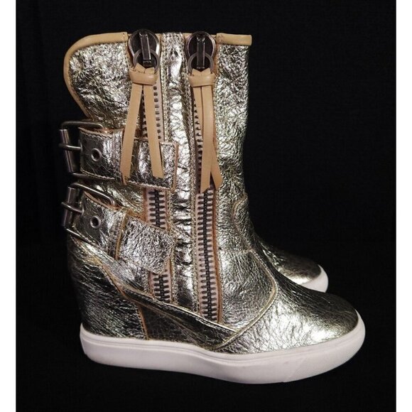 Giuseppe Zanotti Buckle Wedge Leather Sneaker 36 6 Gold Metallic High Top New - Picture 1 of 11